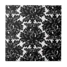bold intricate black damask on white tiles