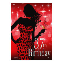 Bombshell Sparkle Red Leopard 37th Birthday Custom Announcements