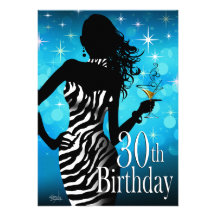 Bombshell Sparkle Zebra 30th Birthday Party Personalized Invites
