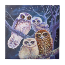 Boobook owl family. ceramic tiles