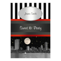 Boston Skyline BW Blk Wht Strp Red Sweet 16 Party Invitations