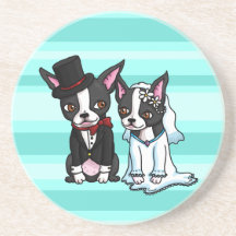 Boston Terrier Bride and Groom Beverage Coaster