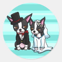 Boston Terrier Bride and Groom Round Stickers