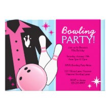 Bowling Birthday Party Invitations in pink