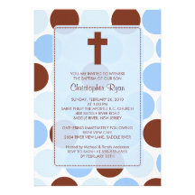 Boy Baptism Inviation Brown & Blue Polka Dots Personalized Announcement