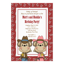 BOY & GIRL Western Cowboy Monkey 5x7 Birthday Custom Invite