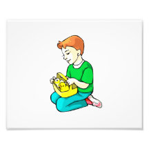 boy green shirt chickens in basket easter photo print