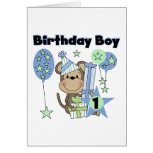 Boy Monkey With Gifts 1st Birthday Greeting Card