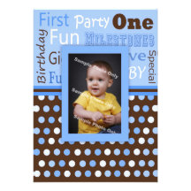Boy's Blue Polka Dots Baby's First Birthday Photo Custom Invite