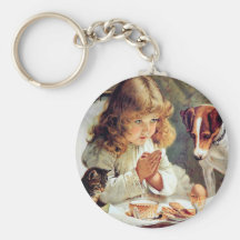 Breakfast in Bed: Girl, Terrier and Kitty Cat Key Chain