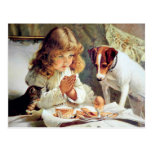 Breakfast in Bed: Girl, Terrier and Kitty Cat Post Cards