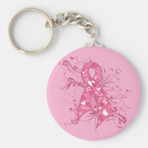 Breast Cancer Pink Floral Ribbon Swirl Key Chains