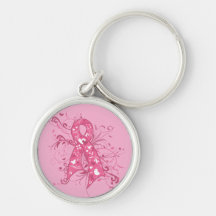 Breast Cancer Pink Floral Ribbon Swirl Keychains