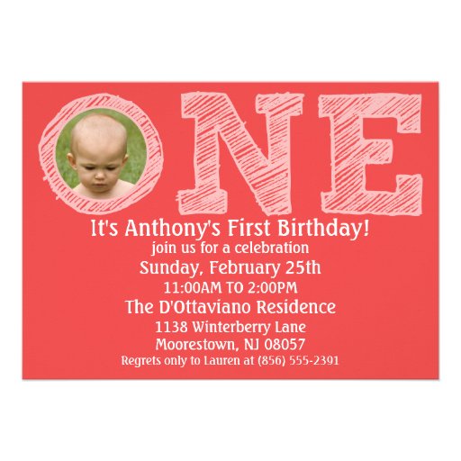 Brick Red The Big One Photo First Birthday Party Personalised Announcement