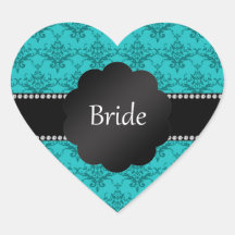 Bride gifts turquoise damask heart sticker
