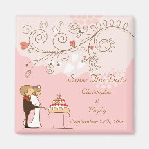 Bride & Groom Cutting Wedding Cake Save The Date Fridge Magnets