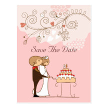 Bride & Groom Cutting Wedding Cake Save The Date Post Cards