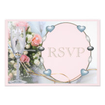 Bride & Groom, Doves & Glass Floral RSVP Custom Invitations