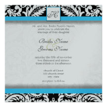 Bright Aqua Black Silver Wedding Invitations