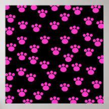 Bright Pink and Black Paw Print Pattern.