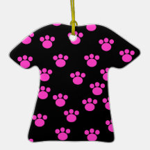 Bright Pink and Black Paw Print Pattern. Ornaments