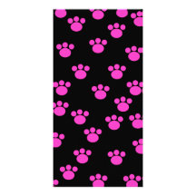 Bright Pink and Black Paw Print Pattern. Customized Photo Card