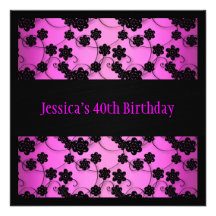 Bright Pink & Black Flowers 40th Birthday Invitation