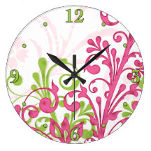 Bright Pink, Green, White Floral Wall Clock