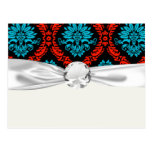 bright red and aqua blue black ornate damask post card