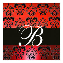BRIGHT RED BLACK CLASSY DAMASK MONOGRAM , white Personalised Invitations