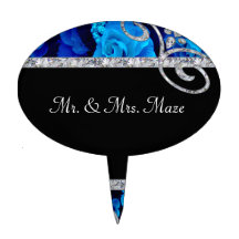 Brilliant Blue Roses & Diamond Swirls Wedding Cake Topper