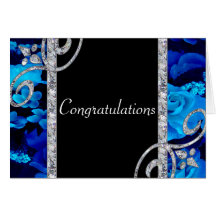 Brilliant Blue Roses & Diamond Swirls Wedding Greeting Cards