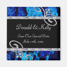 Brilliant Blue Roses & Diamond Swirls Wedding Refrigerator Magnets
