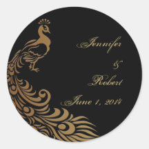 Bronze Art Deco Peacock and Floral Envelope Seal Round Sticker