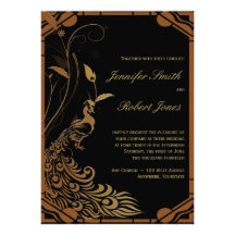 Bronze Art Deco Peacock and Floral Wedding Personalized Invitation