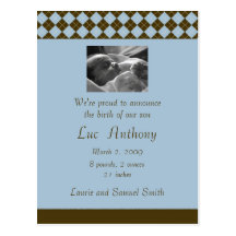 Brown and Blue Argyle Announcement (Customisable) Post Card