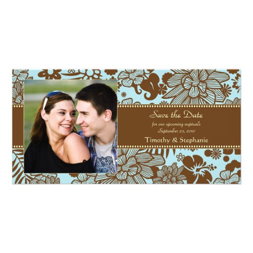 Brown and blue wedding save the date photocard photo card template