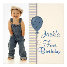 Brown Blue Boys Photo 1st Birthday Party Personalized Invite