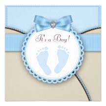 Brown Blue Footprint Baby Boy Shower Personalised Invites
