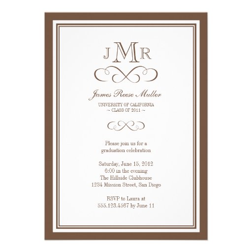 Brown border frame classy monogram graduation custom announcements