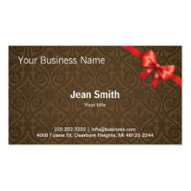 Brown Damask with Red Ribbon business card
