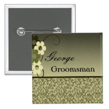 Brown Floral Damask Wedding GroomsMEN v7 Button