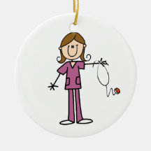 Brown Hair Female Stick Figure Nurse Ornaments