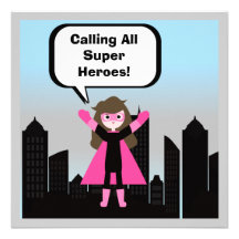 Brown Hair Girl Super Hero Birthday Invitation
