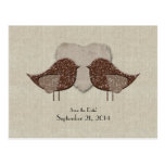 Brown Lovebirds Linen Look Save the Date Postcards