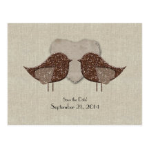Brown Lovebirds Linen Look Save the Date Postcards