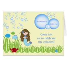 Brown mermaid cute girls birthday party invitation cards