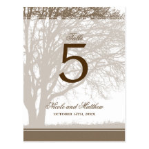 Brown Oak Tree Fall Wedding Table Number Postcards