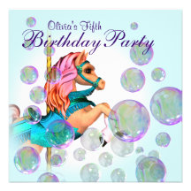 Bubbles Pink Carousel Pony Girls Birthday Party Invite