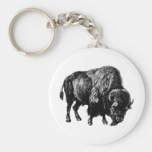 Buffalo American Bison Vintage Wood Engraving Keychain